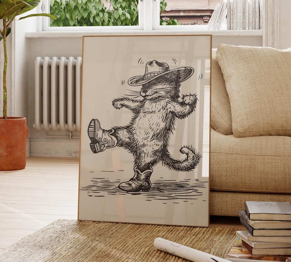 Dancing Cowboy Cat High Kick Sketch Vintage Western Decor Poster - Image 4