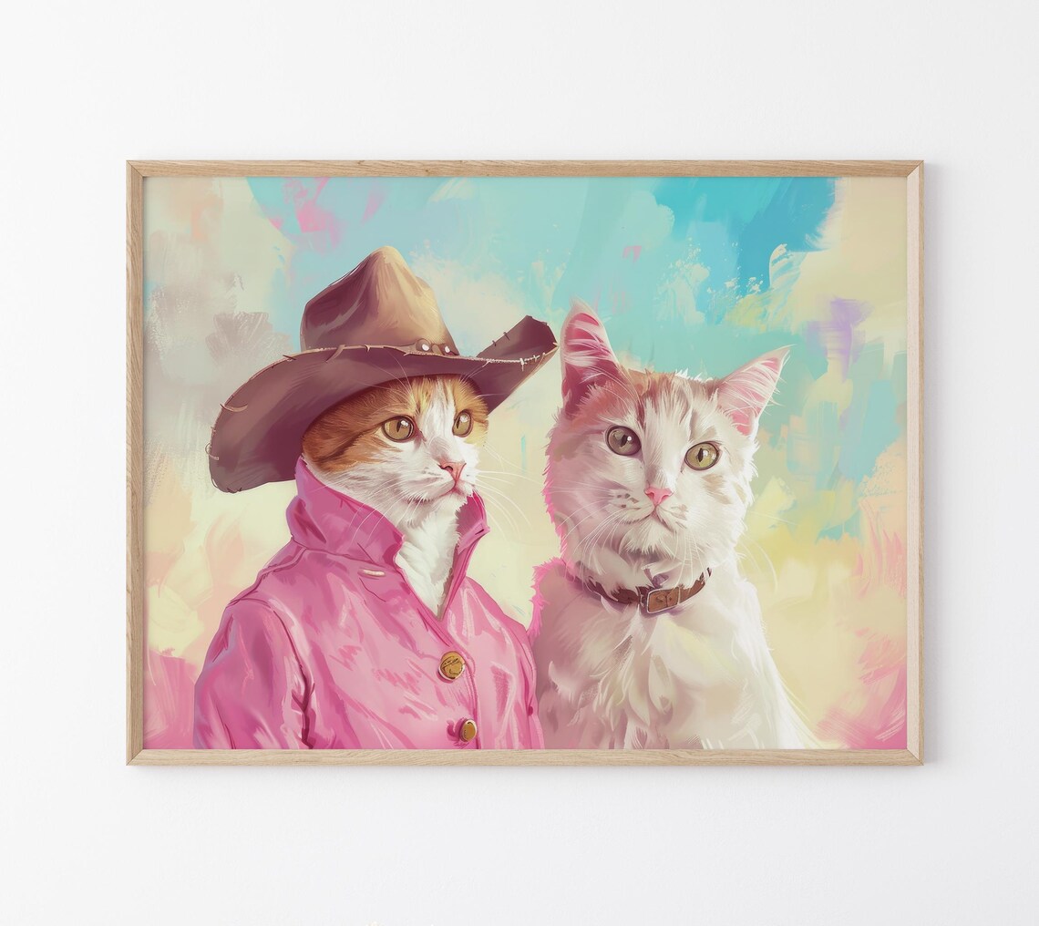 Cowboy Cats in Western Hats on a Pastel Sky Background Poster