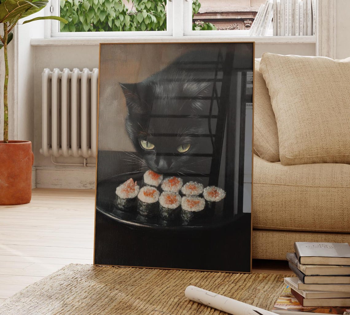 Black Cat Sushi Oil Painting Print Tokyo Art Print Oishii Cat Print Delicious Japanese Food Art Kitchen Wall Art Sushi Art Bcs1 - Image 4