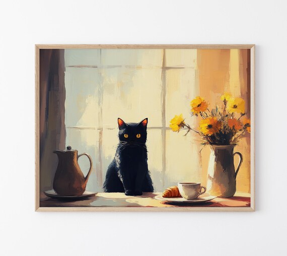 Black Cat by a Sunlit Window with Coffee Cup and Flowers Print