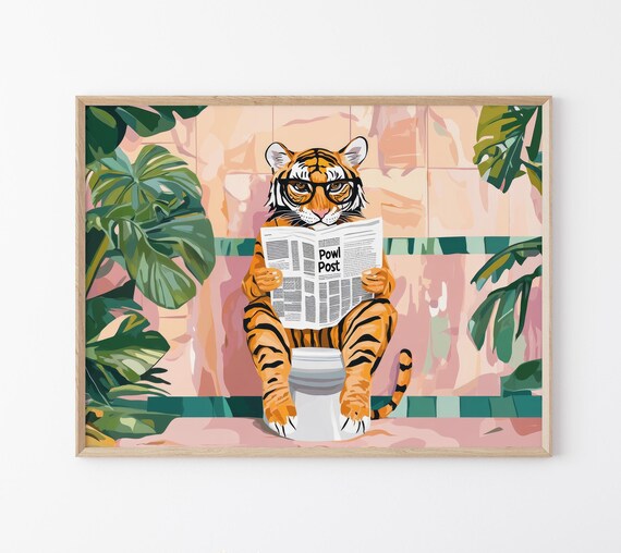 Tiger With Glasses Reading Powl Post On Toilet Tropical Funny Poster