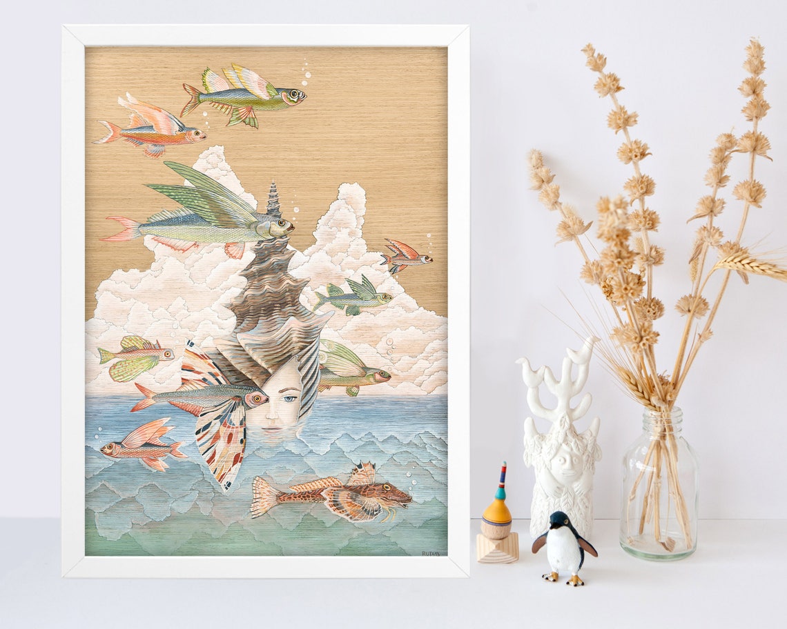 Flying Fish Beach House Vintage Boho Art Print - Image 2
