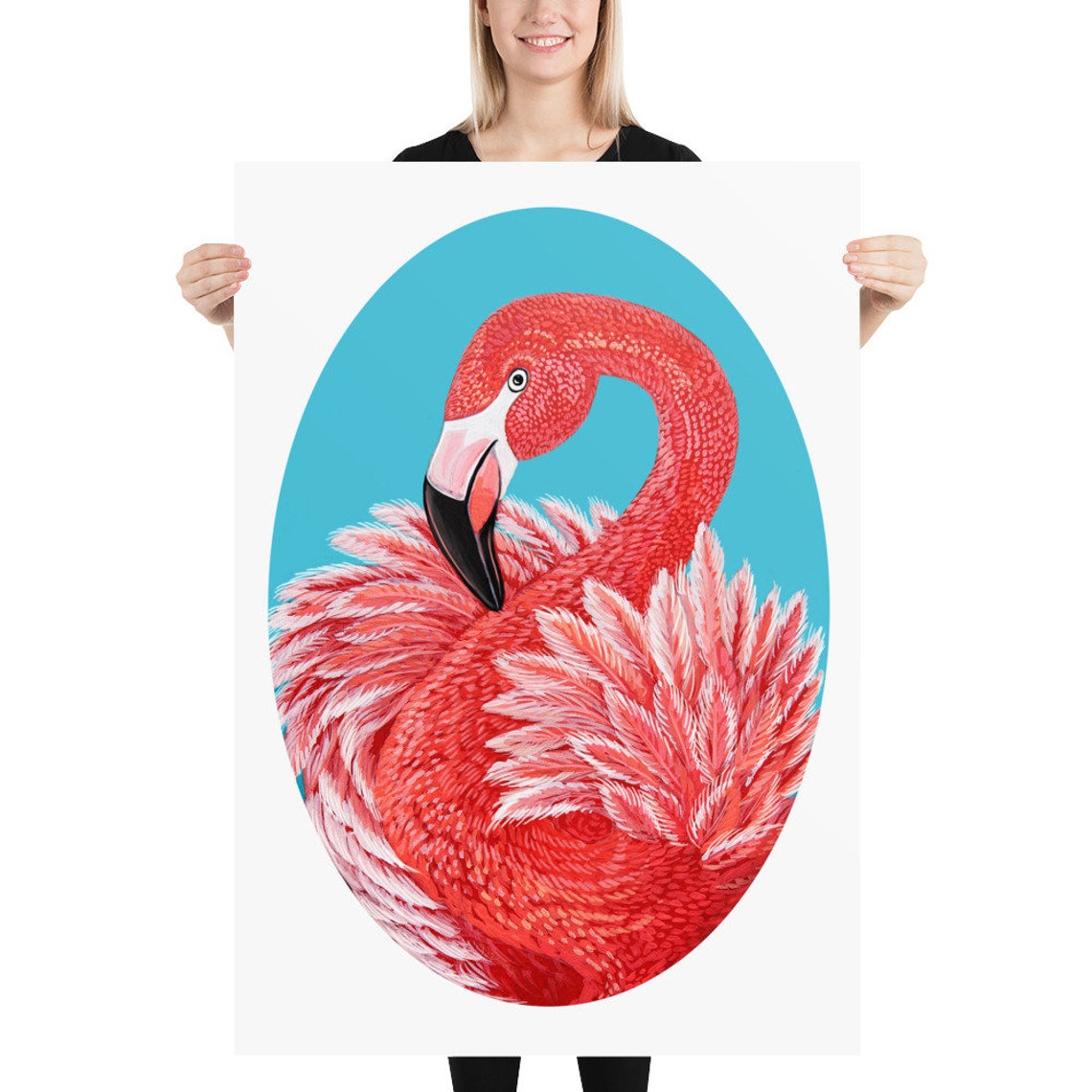 Pink Flamingo Curled Gracefully Inside Turquoise Oval Tropical Poster - Image 2