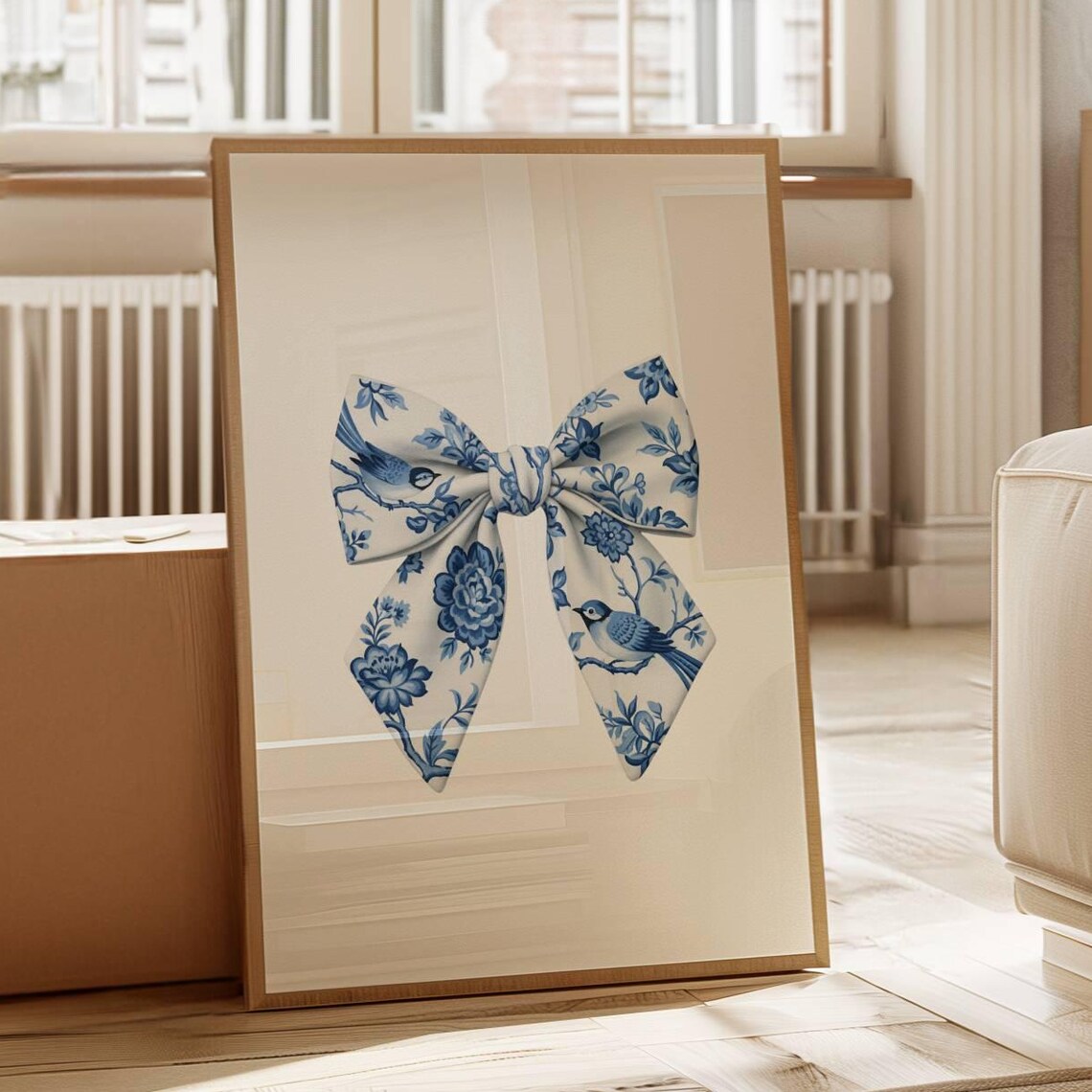 Blue White Chinoiserie Bow Coquette Floral Bird Watercolor Poster