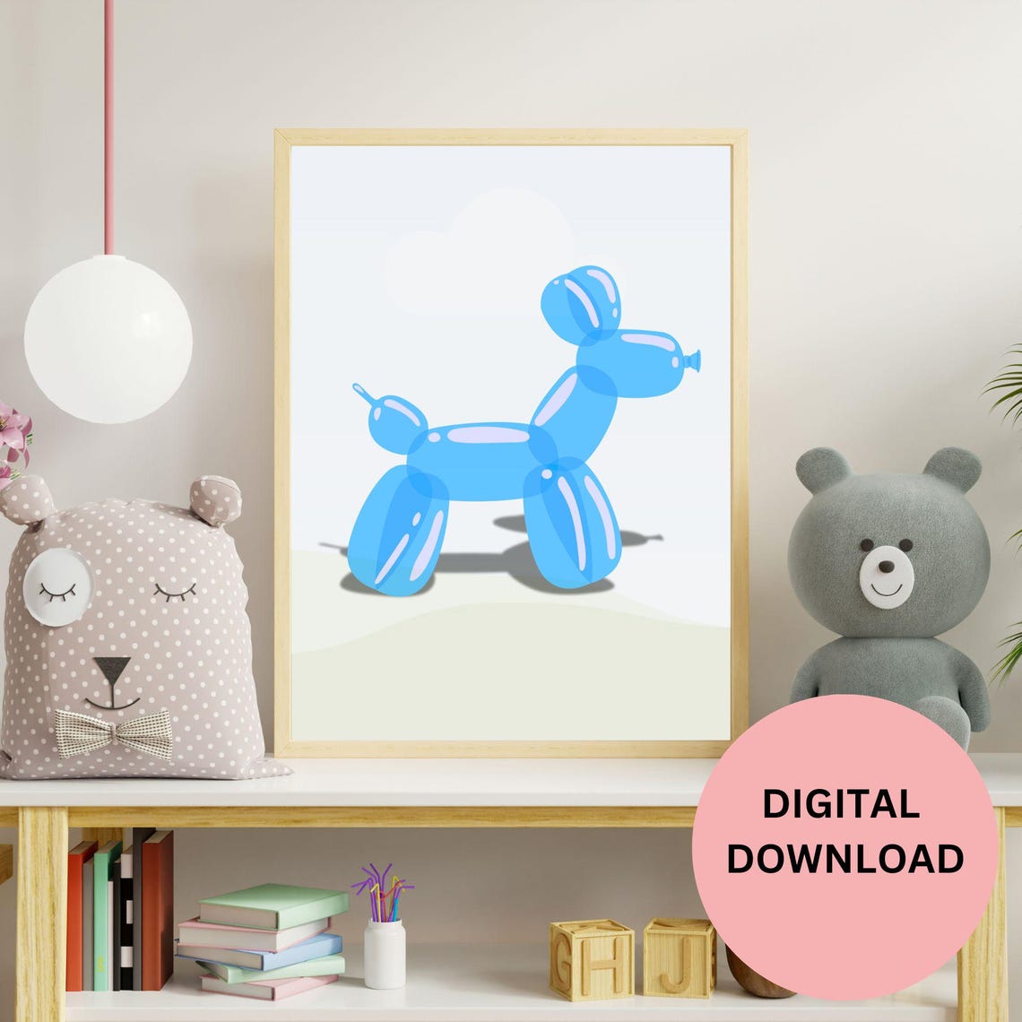 Blue Balloon Dog Watercolor Nursery Decor Modern Minimalist Art Print - Image 3