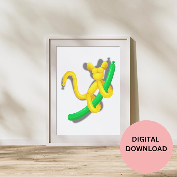 Yellow Balloon Monkey Climbing Green Vine Fun Kids Room Poster