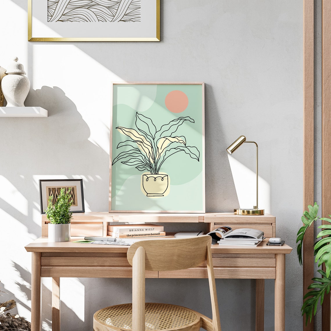 Minimalist Potted Plant Line Art Sage Green Botanical Decor Poster - Image 3