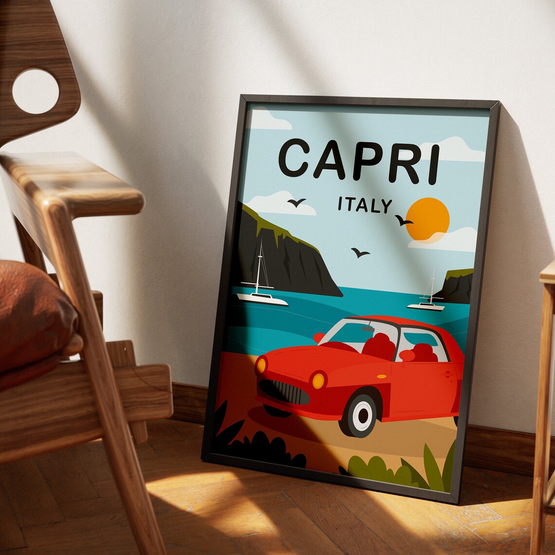 Capri Italy Red Convertible Beach Cliffs Retro Travel Poster - Image 3