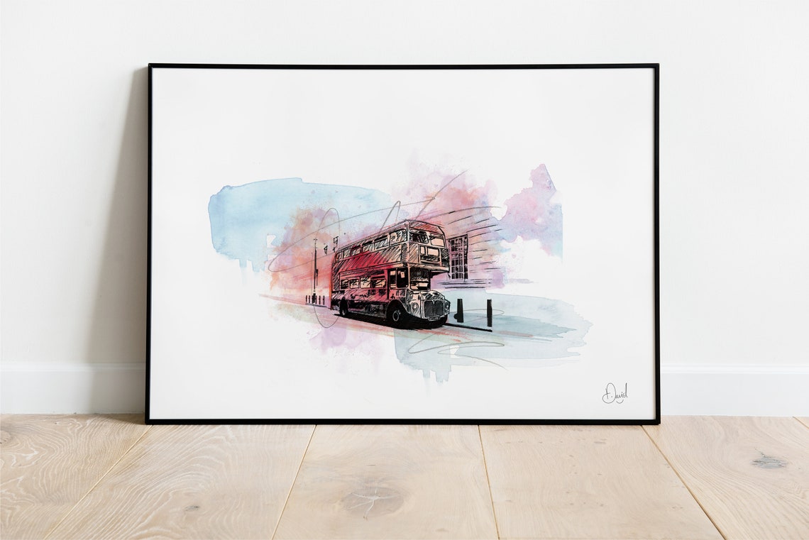 London Routemaster Bus Watercolor Sketch Red Double Decker Art Print