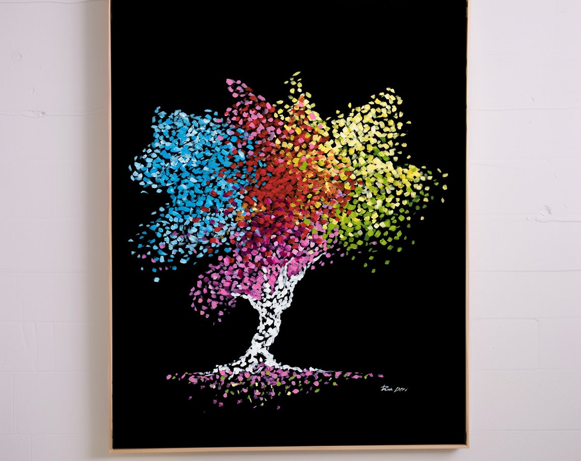 Tree Of Life 55 Rainbow Confetti Foliage White Tree Black Poster - Image 3
