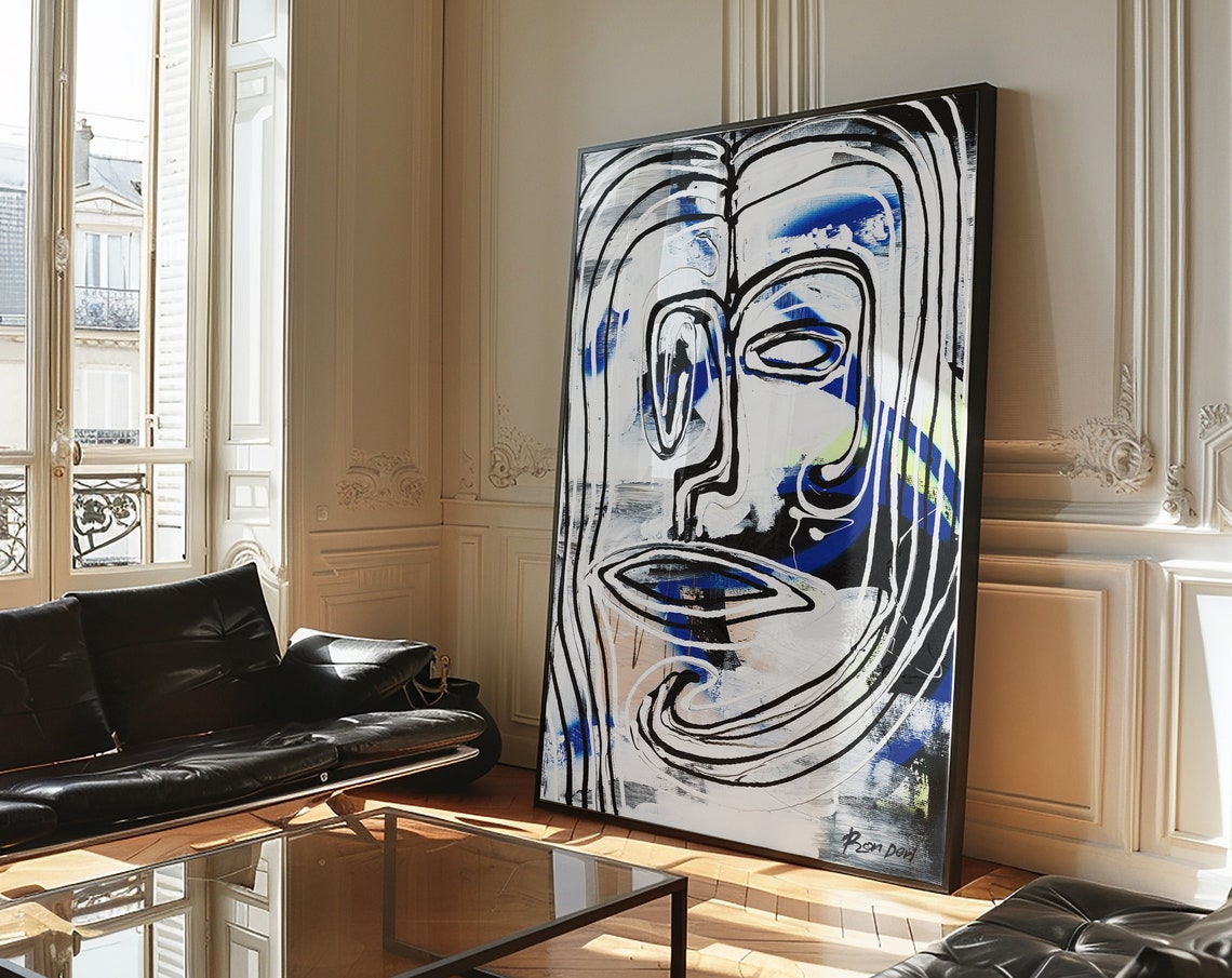 White Line Face Blue Accents Tall Modern Abstract Portrait Poster