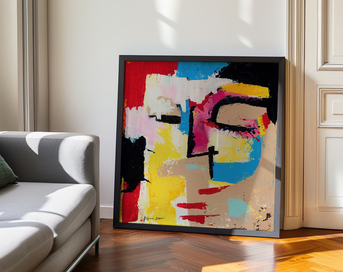 Blocky Abstract Face Red Blue Yellow Square Modern Art Poster