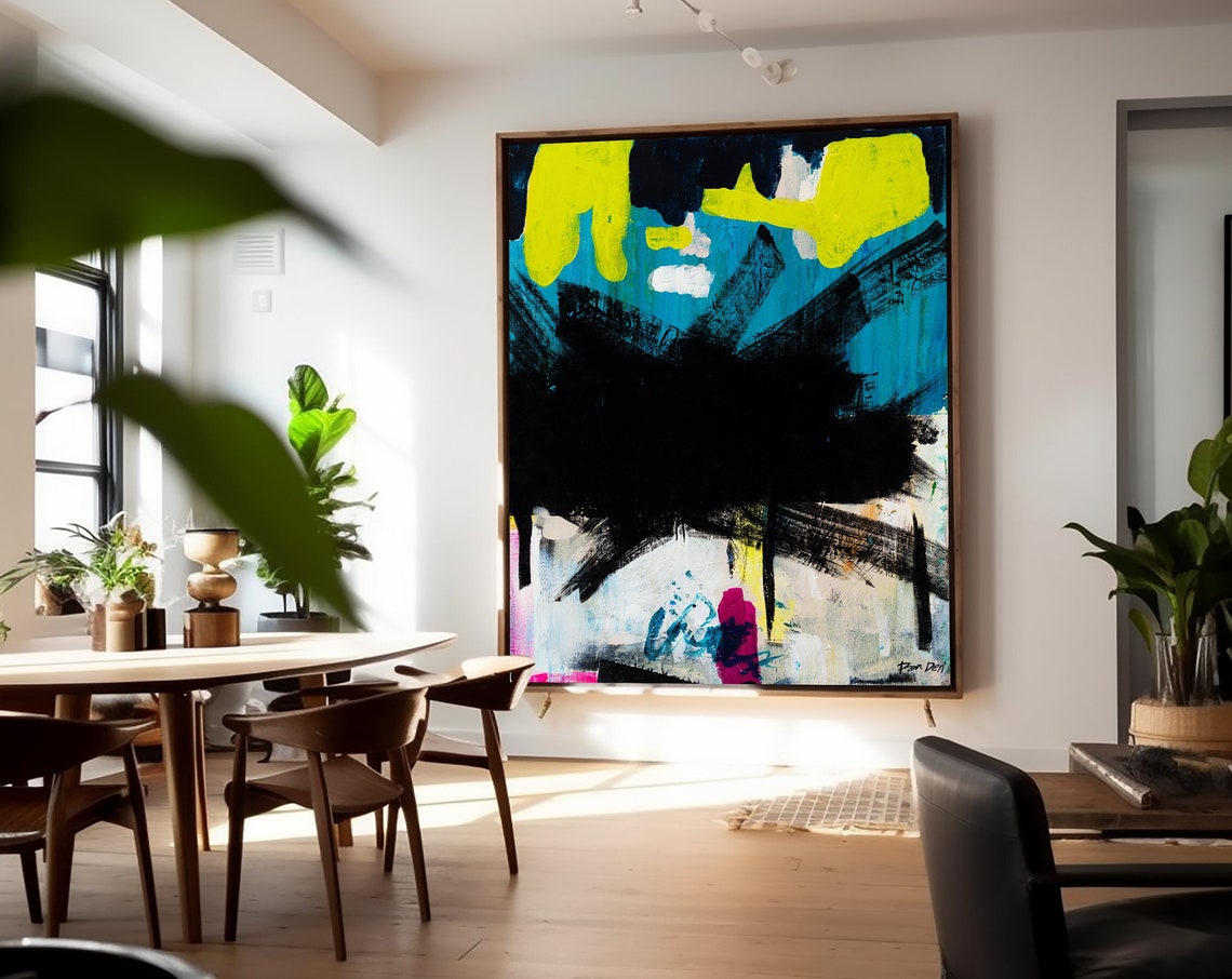 Large Scale Black Neon Yellow Abstract Brushstroke Art Poster