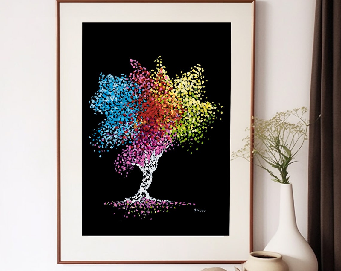 Vibrant Colorful Dotted Tree of Life on Black Background Wall Art - Image 6