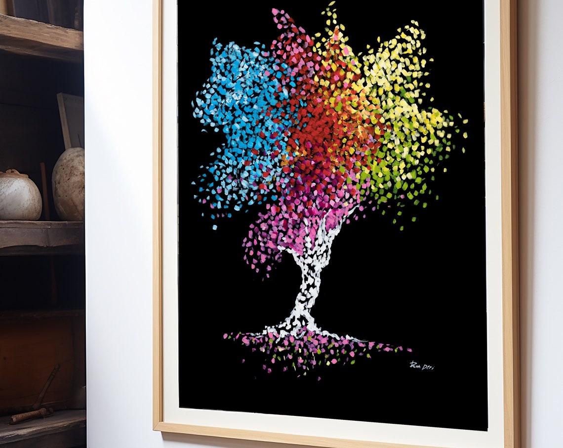 Vibrant Colorful Dotted Tree of Life on Black Background Wall Art