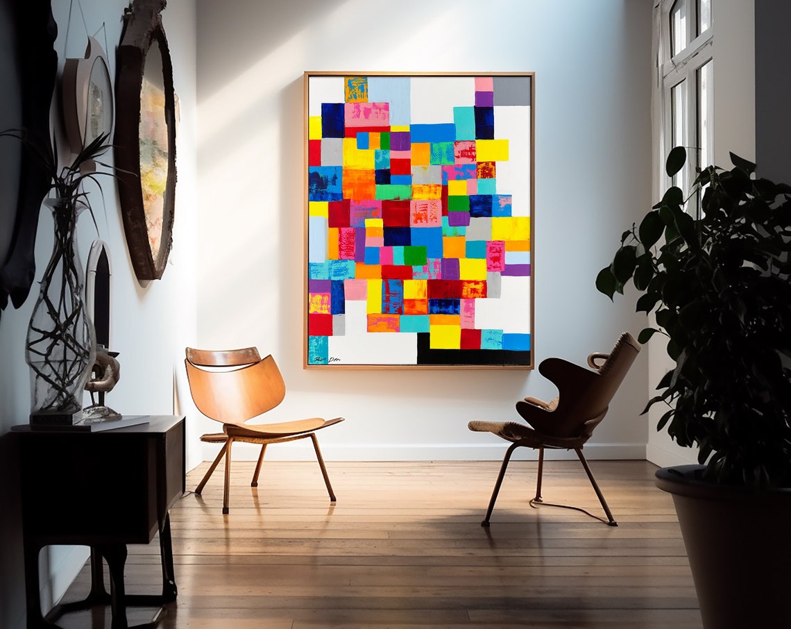 Colorful Mosaic Squares Grid on White Geometric Abstract Poster - Image 4