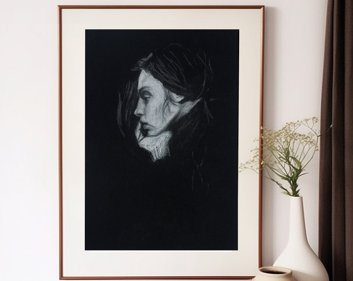 Wonder Charcoal Woman Profile on Deep Black Background Art Print - Image 5