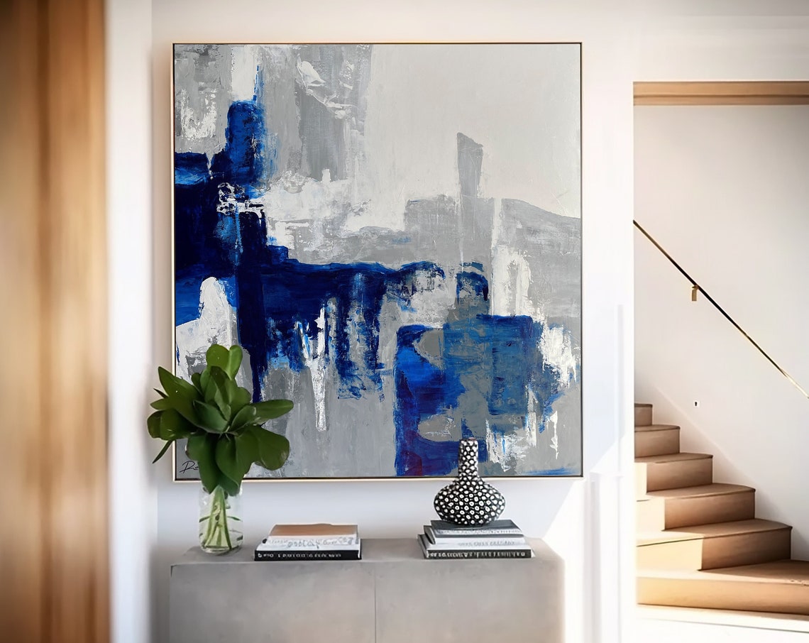 Blue White Textured Brushstroke Close-Up View Abstract Art Print - Image 5