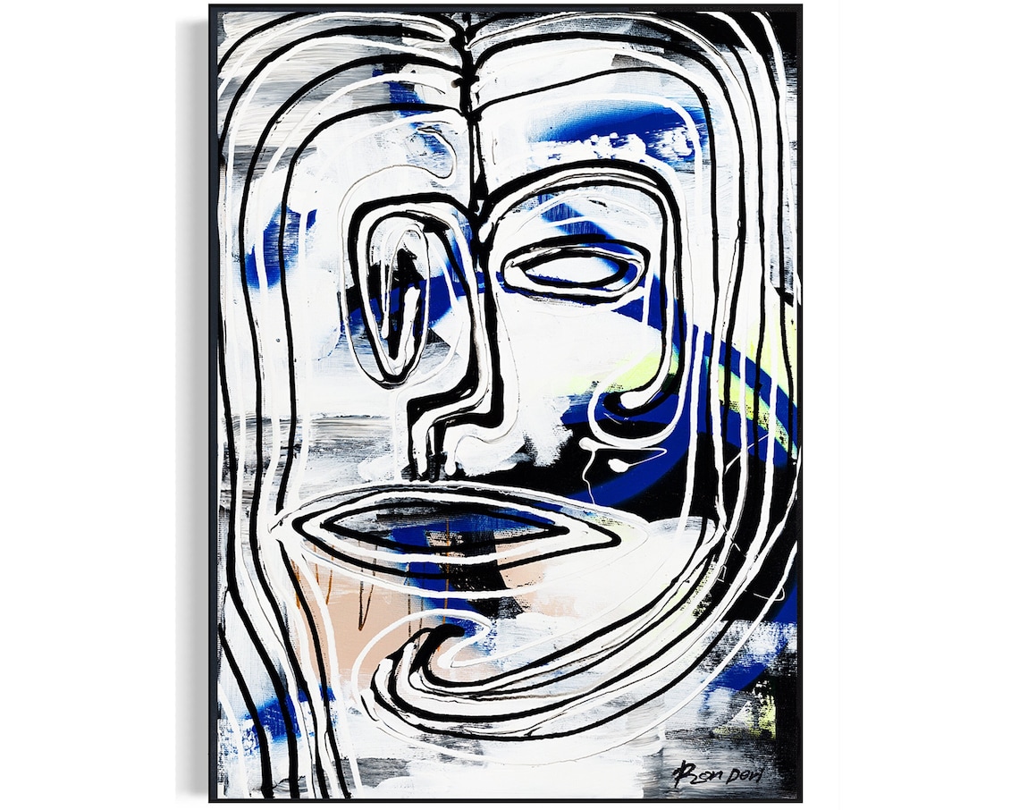 White Line Face Blue Accents Tall Modern Abstract Portrait Poster - Image 4