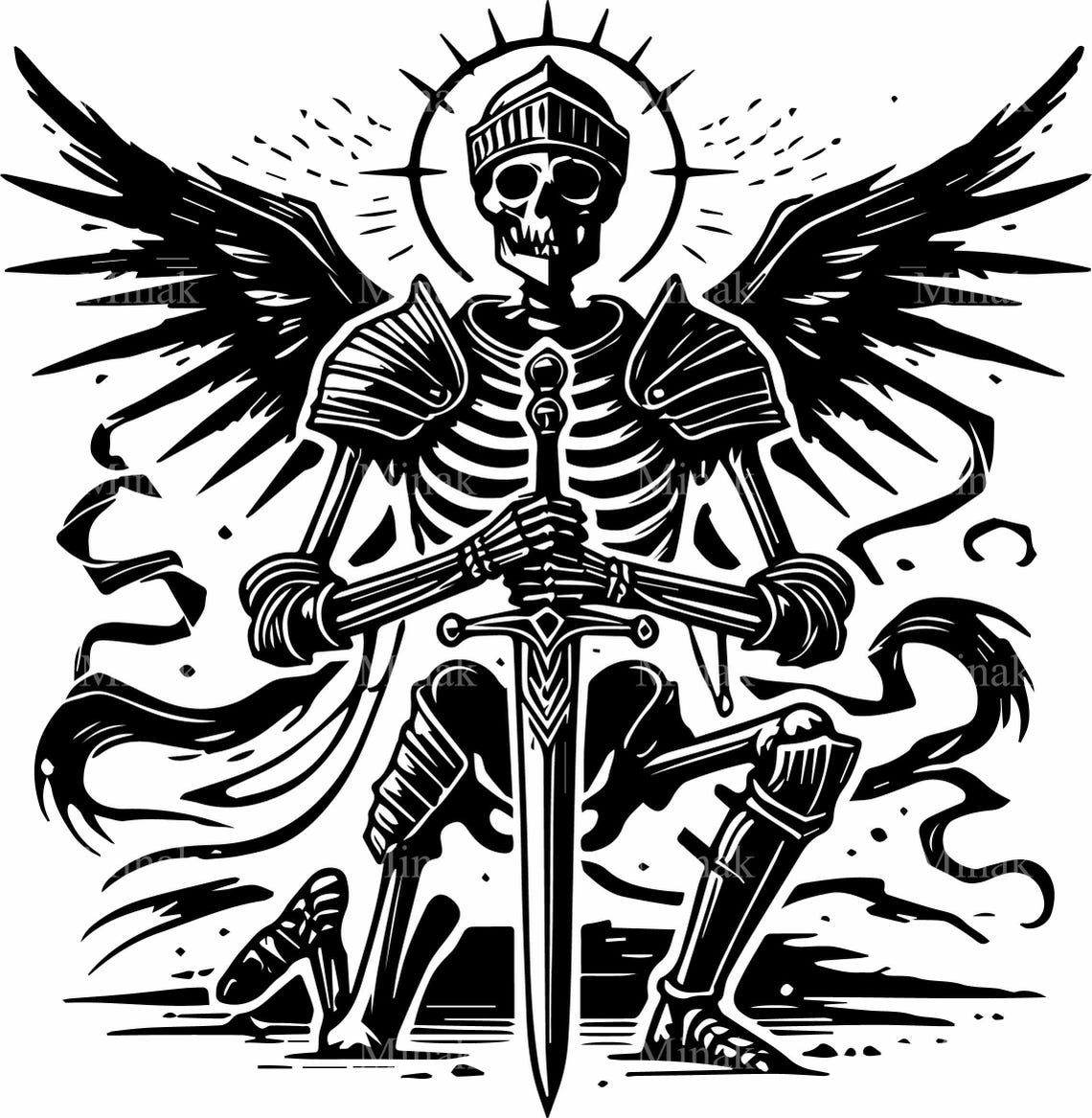 Skeleton Knight Holding Greatsword Moon Laurel Gothic Art Poster - Image 4