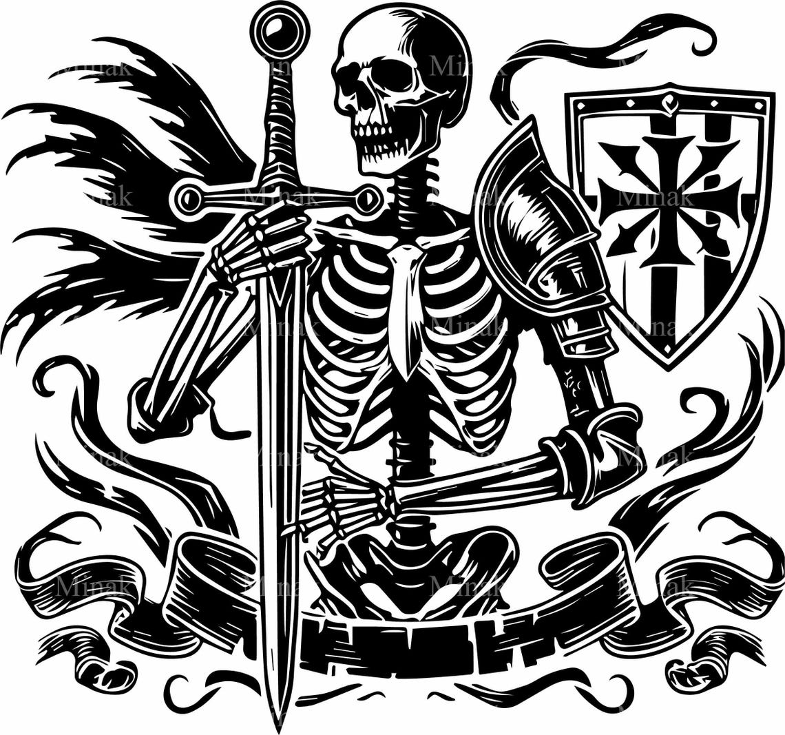Skeleton Knight Holding Greatsword Moon Laurel Gothic Art Poster - Image 2