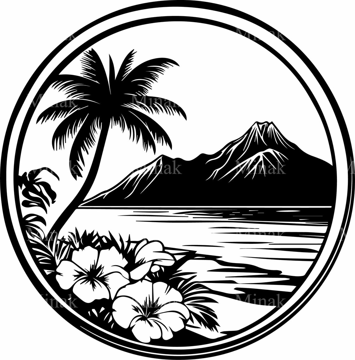 Tropical Beach Circle Palm Hibiscus Ocean Waves Island Poster - Image 4