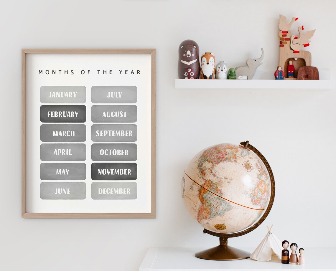 Months of the Year Gray Minimalist Nursery Learning Wall Poster - Image 2
