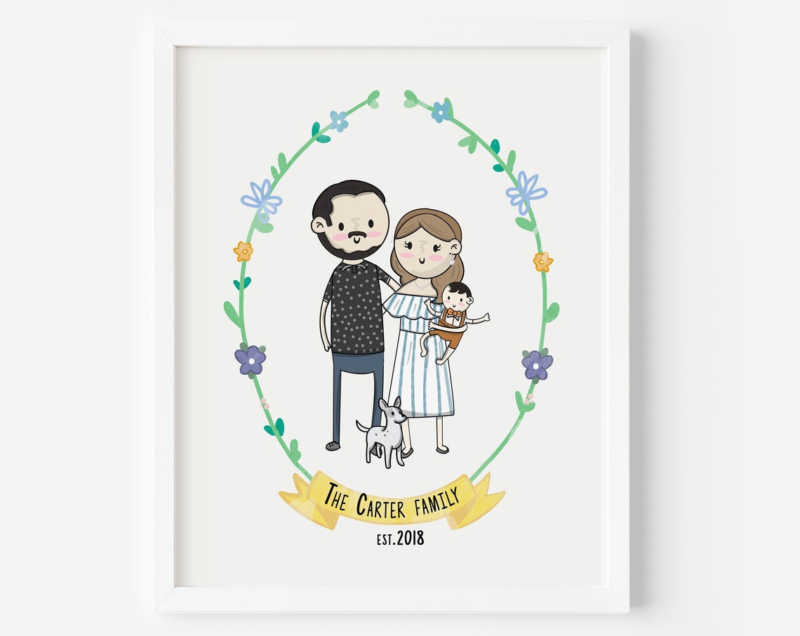 Custom Cartoon Couple Portrait with Dog Floral Wreath Poster - Image 2