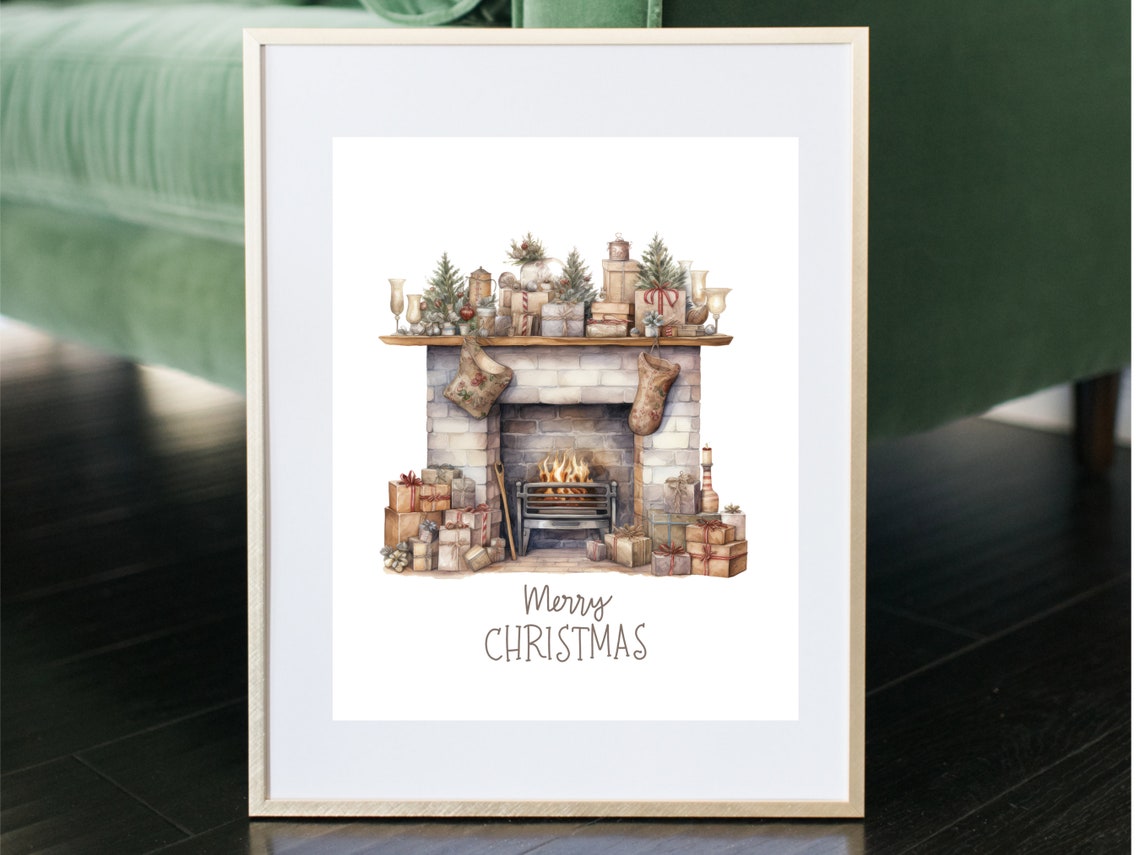 Rustic Fireplace With Stockings Merry Christmas Watercolor Poster - Image 3
