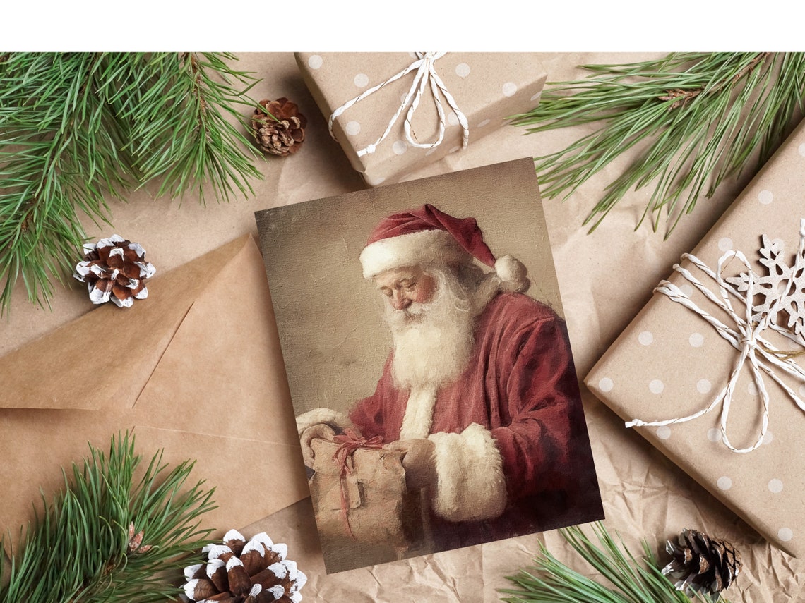 Santa Claus with a Gift Sack Vintage Oil Painting Christmas Poster - Image 3