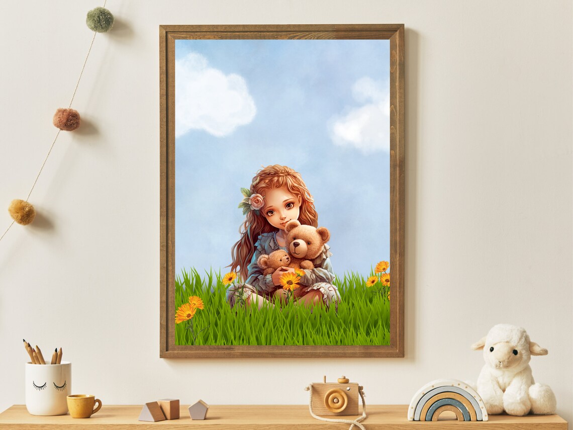 Little Girl with Teddy Bears in a Flower Meadow Nursery Poster - Image 2