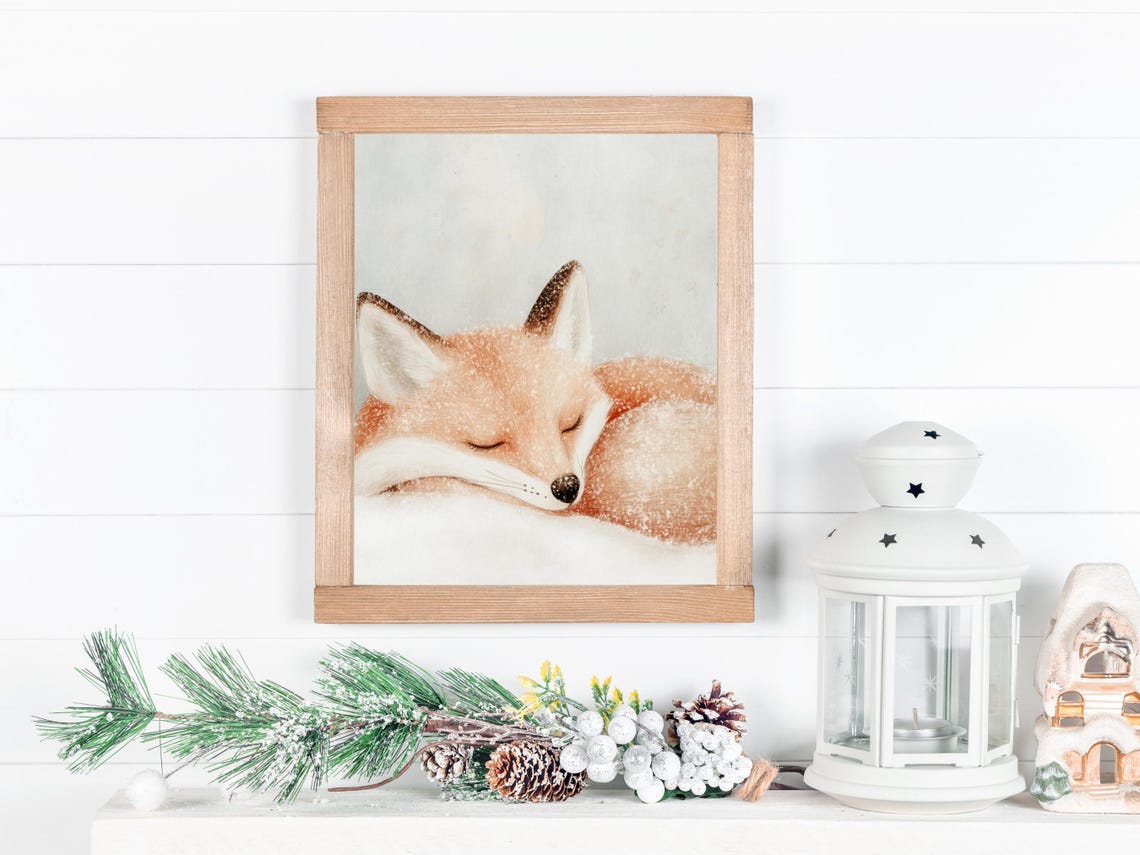 Sleeping Red Fox Watercolor Poster Cozy Winter Nursery Woodland Decor - Image 2