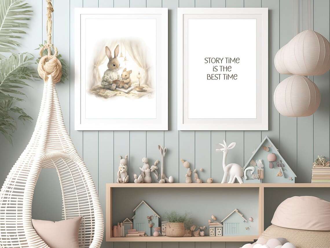 Bunny Bedtime Story Mother Rabbit Reading Book Watercolor Poster - Image 3