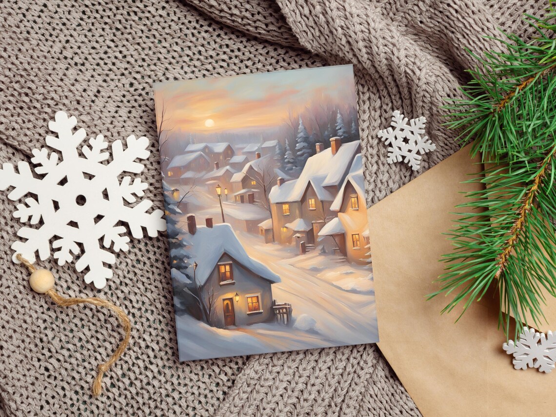Snowy Village Sunset Painting Poster Cozy Winter Holiday Scene Decor - Image 3