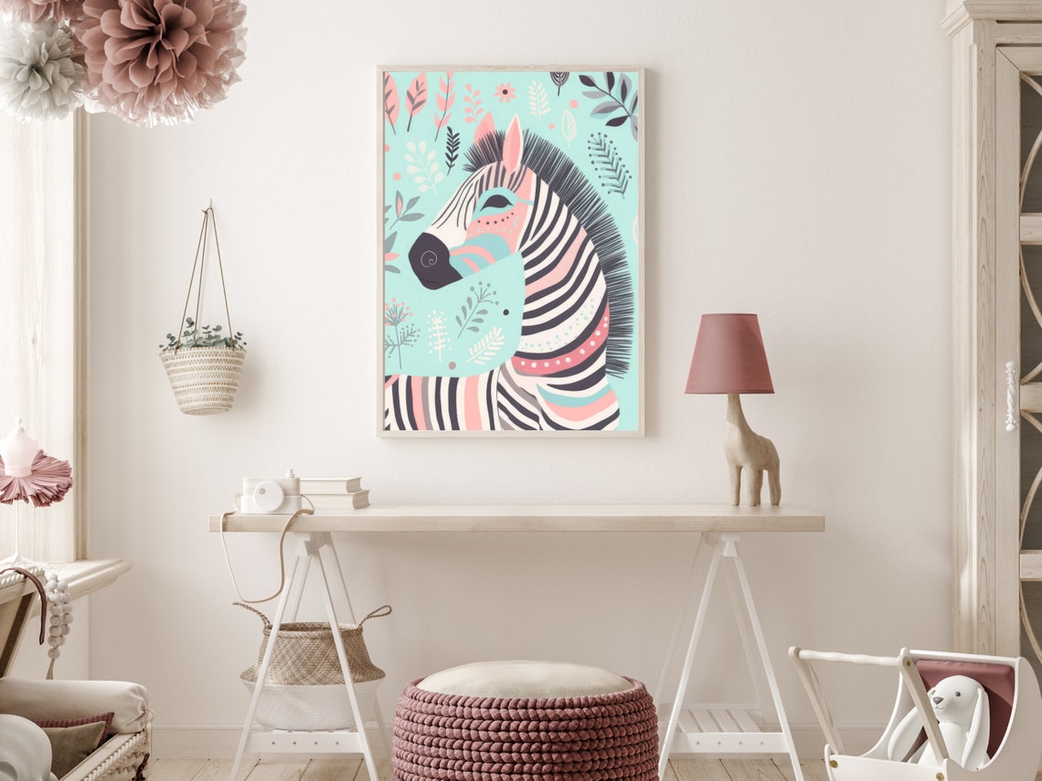 Boho Zebra Portrait Pastel Tropical Nursery Animal Art Poster - Image 4