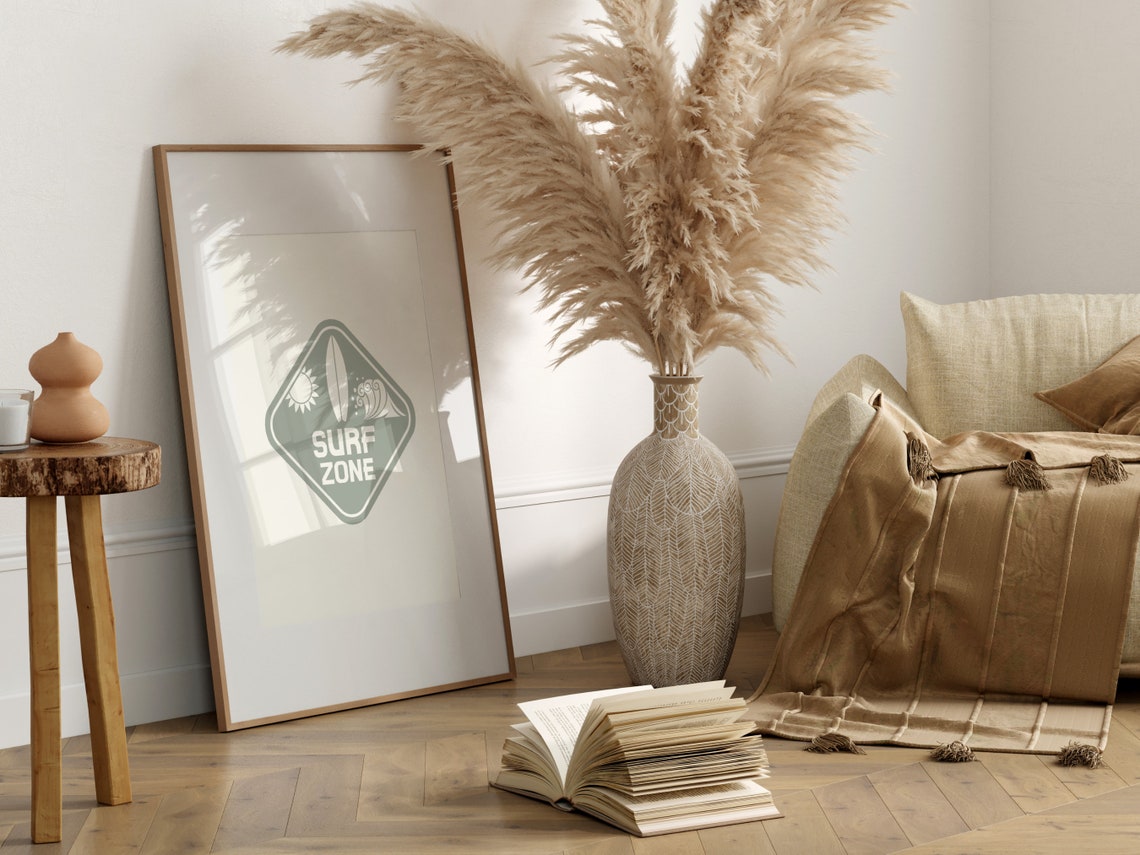 Sage Green Surf Zone Badge With Surfboard And Wave Coastal Poster - Image 2
