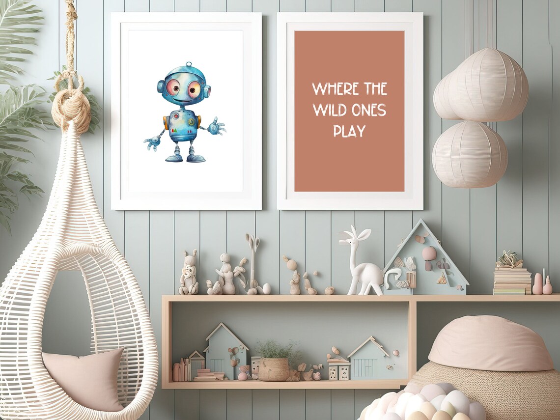 Cute Blue Robot Big Eyes Watercolor Nursery Boys Room Art Poster - Image 2