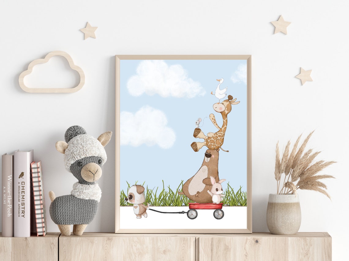 Puppy Pulling Wagon With Stacked Animals Watercolor Kids Poster - Image 4