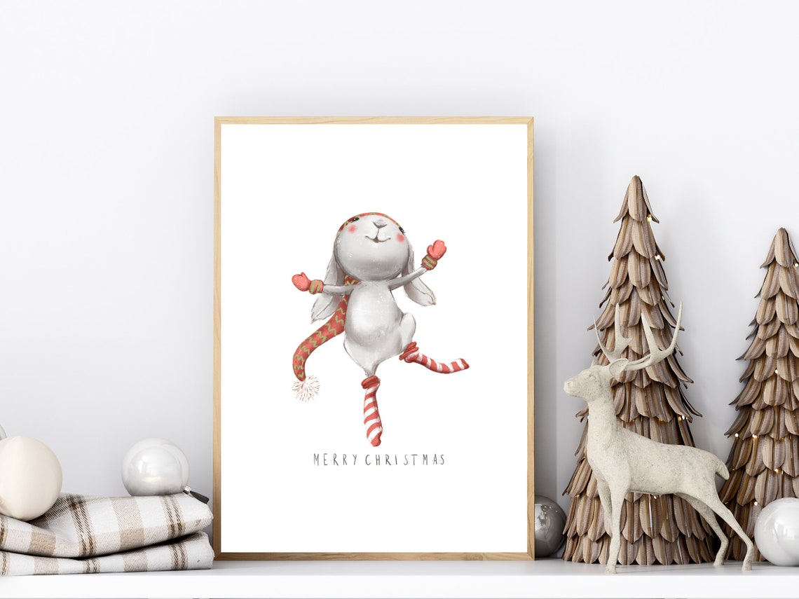 Merry Christmas Dancing Bunny In Striped Stockings Watercolor Poster - Image 3