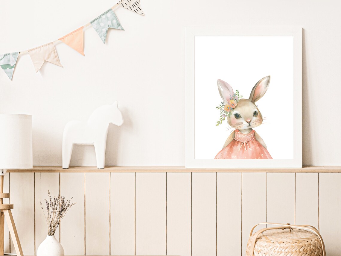 Cute Bunny Rabbit In Coral Dress With Floral Ear Watercolor Poster - Image 2