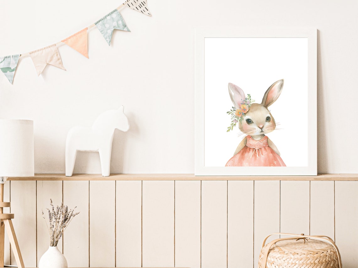 Cute Easter Bunny Art Flower Crown Bunny Print Watercolour Rabbit Art Bunny Nursery Decor Girls Room Wall Art - Image 2