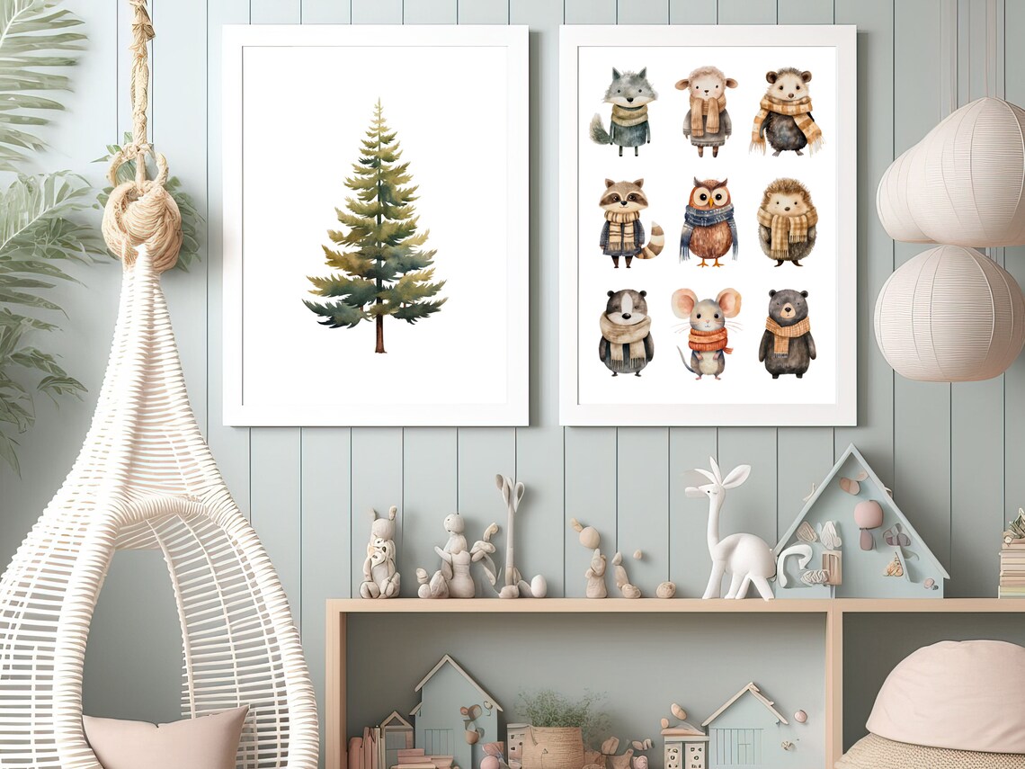 Woodland Animals in Winter Scarves Watercolor Nursery Poster - Image 3