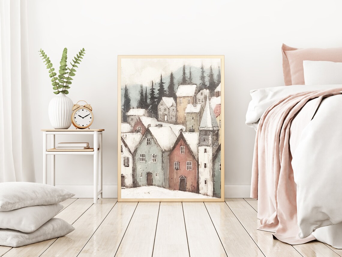 Snowy Winter Town Print Christmas Village Art Print Scandinavian Holiday Decor Winter Nursery Art Living Room Cityscape Decor - Image 4