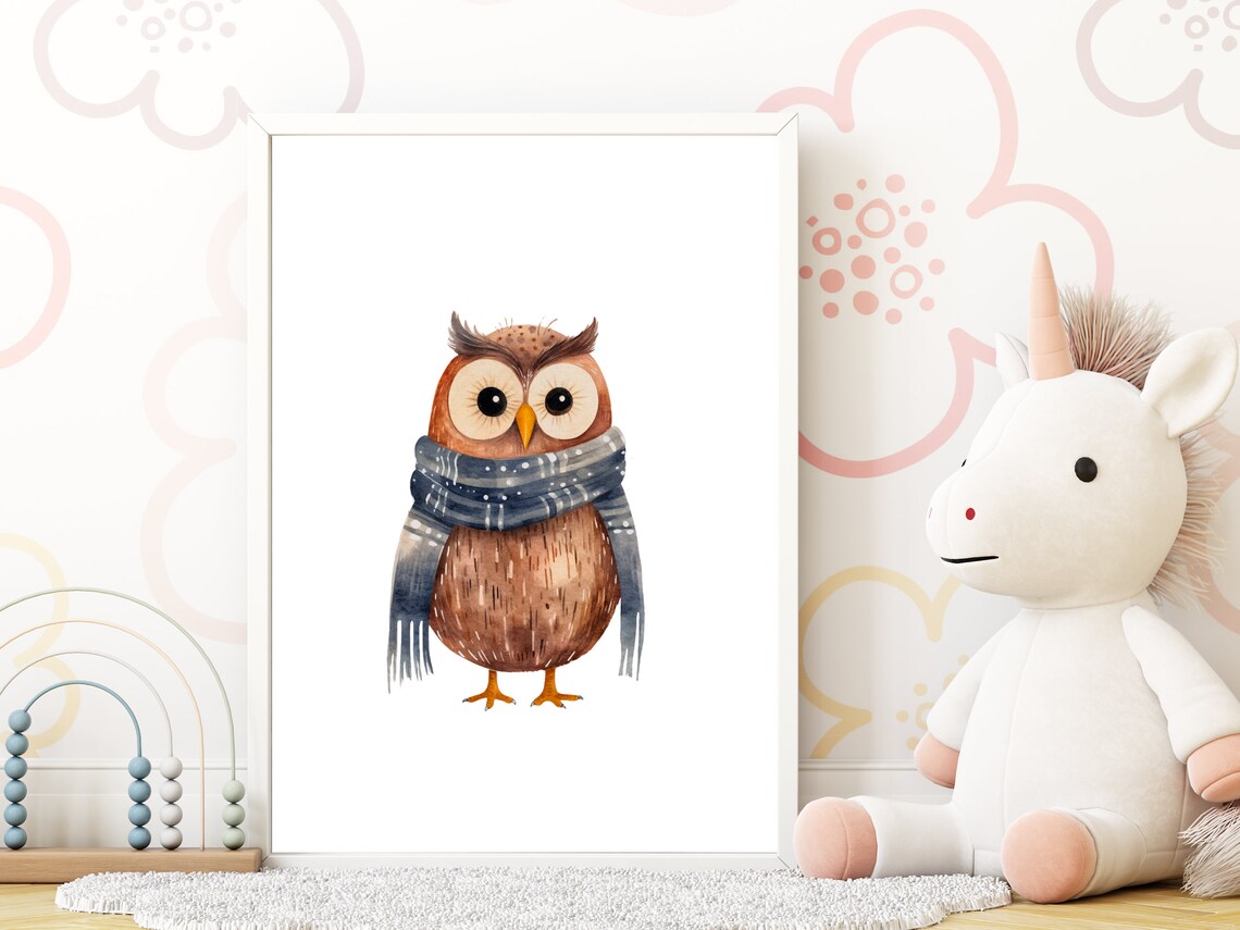 Cute Brown Owl Wearing Blue Scarf Watercolor Winter Nursery Poster - Image 2