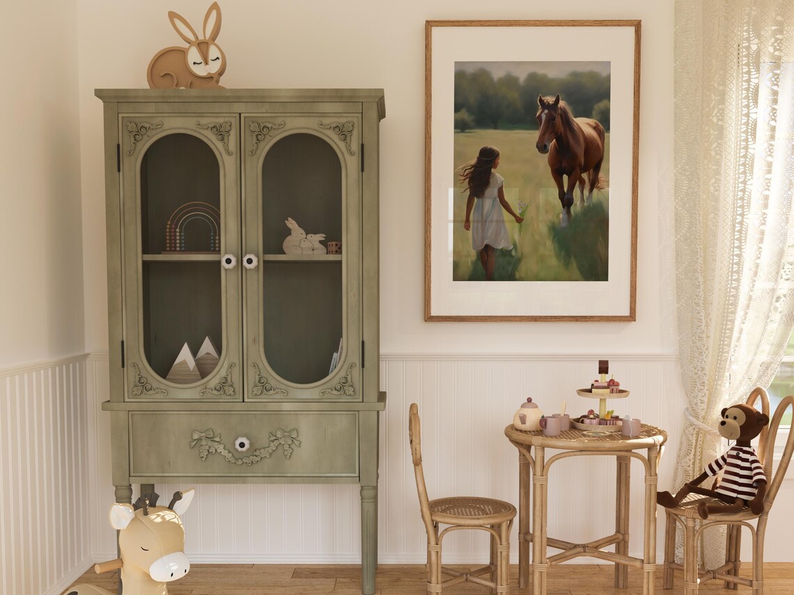 Girl and Horse Meadow Painting Poster Equestrian Girls Room Decor - Image 3