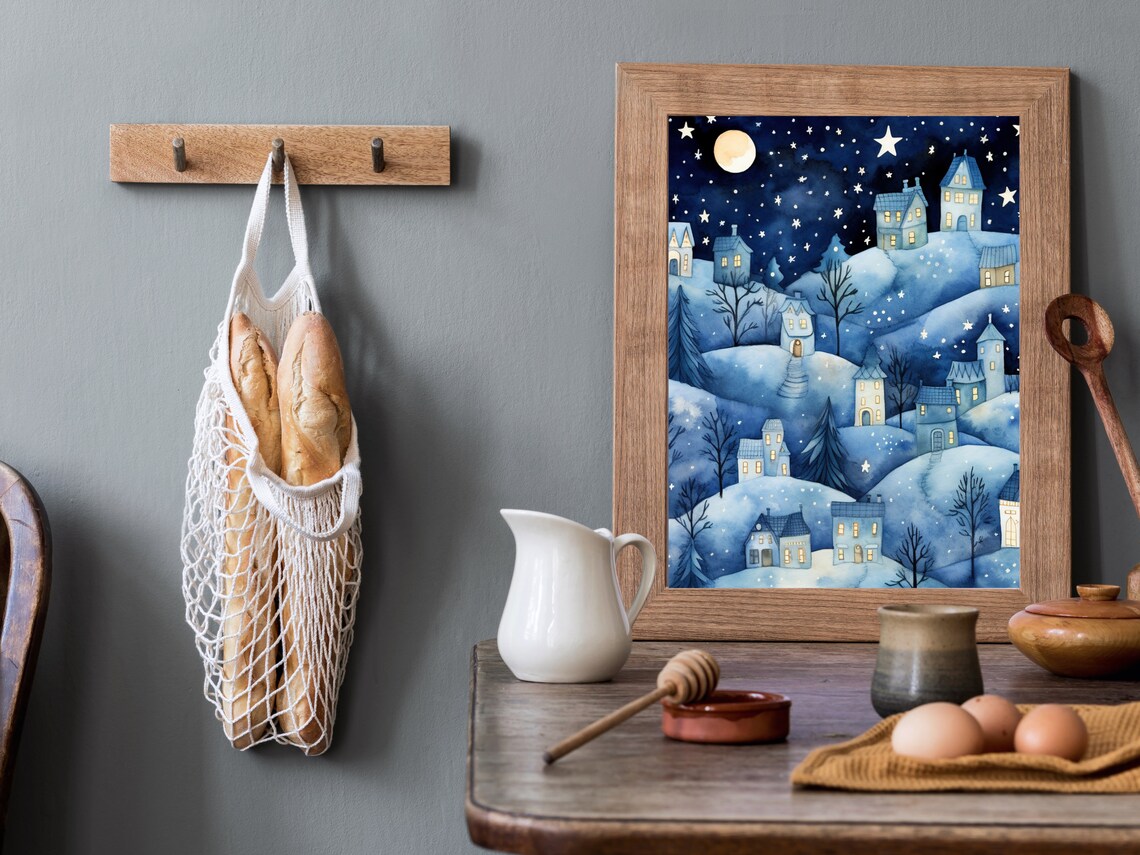 Winter Village Art Print, Starry Christmas Town - Image 2