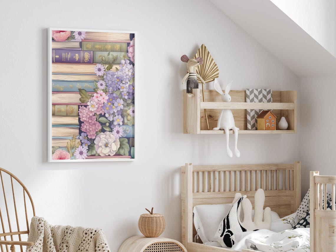 Stack of Vintage Books Floral Poster Book Lover Reading Room Decor - Image 3