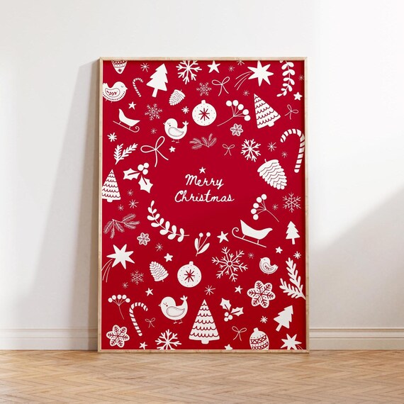 Merry Christmas Red White Scandinavian Icons Holiday Art Poster