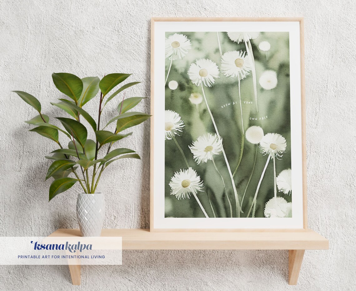 Grow At Your Own Pace White Daisy Meadow Watercolor Flower Poster - Image 3