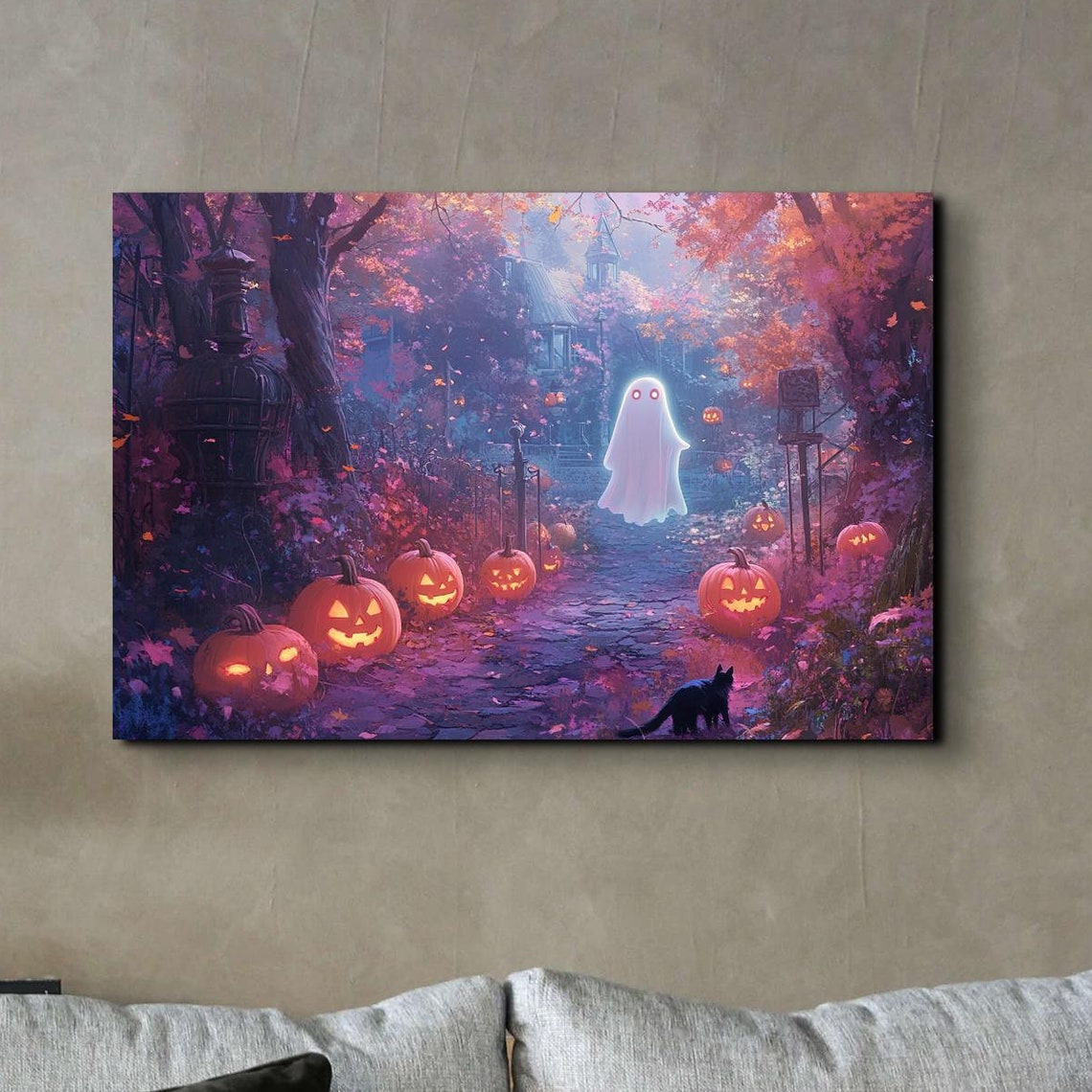 Cute Ghost Pumpkins Black Cat Halloween Night Pathway Scene Poster